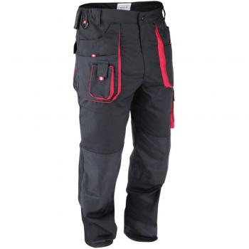 Pantalones de trabajo Yato YT-8028, color negro y rojo, con diseño ergonómico, múltiples bolsillos, refuerzos en las rodillas y tejido resistente
