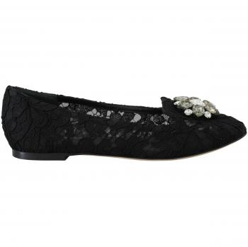 Dolce & Gabbana Black Taormina Lace Crystals Flats Shoes