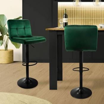 Set de 2 taburetes de bar de terciopelo verdes, sillas de mostrador giratorias 360°, tapizadas con altura regulable de 63 a 83 cm, asiento de bistro para comedor, salón, sala de