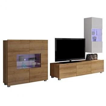 Conjunto de salón moderno Providence B111, Aglomerado laminado, Roble dorado y blanco brillante, incluye mesa de TV y partes separadas