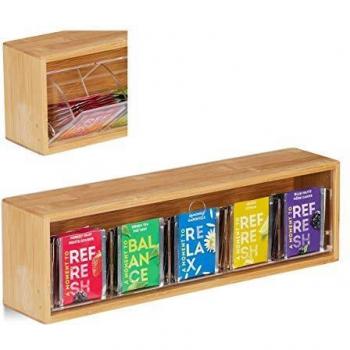 Caja de Té de Bambú Natural con 5 Compartimentos para 50 Bolsitas, Tapa Transparente, Montaje en Pared y Protección del Sabor