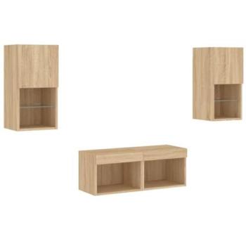 Mueble TV Multimedia Montaje en Pared con Luces LED x 4 Piezas Roble Sonoma Marrón