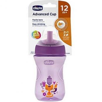 Chicco Advanced Cup - Vaso antigoteo para niños de 266 ml, vaso biberón de 12 meses para aprender a beber, vaso con pajita, boquilla ergonómica y válvula fácil sorsi, sin BPA, rosa o morado