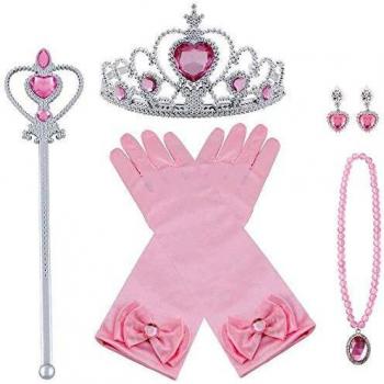 Vicloon Princesa Vestir Accesorios, 7 Pcs Rosa Elsa Princesa Accesorios de Disfraces, Regalo Conjunto de Belleza - Corona Anillo Sceptre Collar Pendientes Guantes para Niña