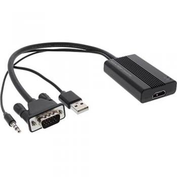 Convertidor VGA + Audio a HDMI con alimentación USB, entrada VGA y audio estéreo de 3.5mm, salida HDMI