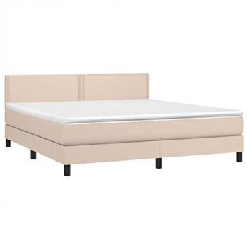 Cama box spring con colchón viscoelástico de cuero sintético capuchino 180x200 cm, adaptable, reversible, con muelles ensacados y protector