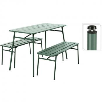 Juego de mesa y banco de jardín ProGarden de 3 piezas en acero verde