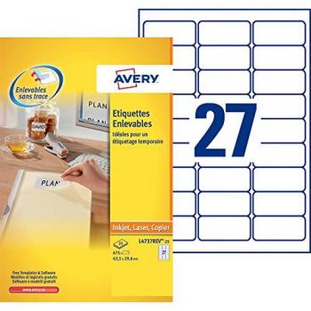 Etiquetas Removibles Avery L4737REV-25 Blancas 63,5 x 29,6 mm - Paquete de 675 Unidades