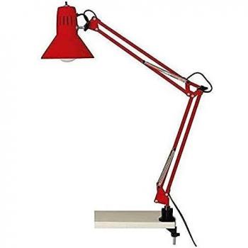 Lámpara de escritorio con pinza Brilliant Hobby roja E27 40W, ajuste flexible y interruptor en el cabezal