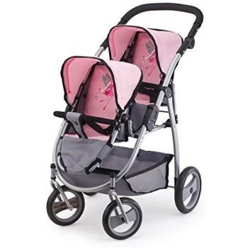 Bayer Design 26508Aa, Carrito Doble Para Muñecas, Comruedas Delanteras Giratorias, Color Gris, Rosa