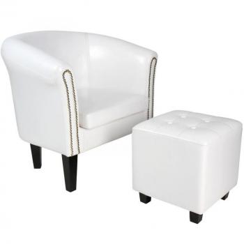 Sillón Chesterfield con reposapiés a juego, de madera y cuero sintético, estilo retro, color a elegir
