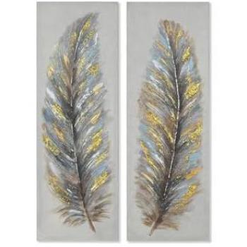 Cuadro Home ESPRIT Azul Dorado Lienzo Madera MDF Plumas Tradicional 30 x 3 x 90 cm (2 Unidades)