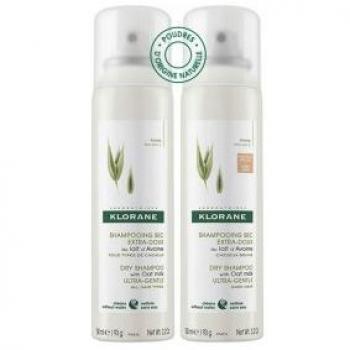 Klorane Champú Seco a la Leche de Avena para Cabello Castaño/Marrón, Pack Dúo 2 x 150 ml
