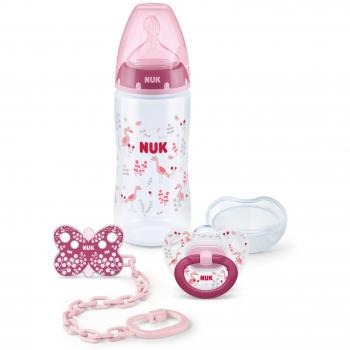NUK First Choice+ Set de Inicio Rosa con Biberón de 300 ml, Chupete y Cadena para Chupete 0-6 Meses