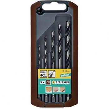 wolfcraft 7122000 (L) brocas espiral para madera, con vástago compuesto de diametro 3,0-4,0-5,0-6,0-8,0 mm en caja deslizante de plástico 2k PACK 5, 0 V, gris, Set de 5 Piezas