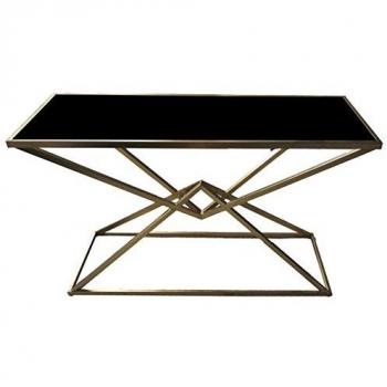 Consola Pirámide Metal Dorado con Piano de Vidrio Negro 130x40x75 cm
