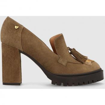 Mocasines de mujer Lodi en piel serraje de color verde con tacón