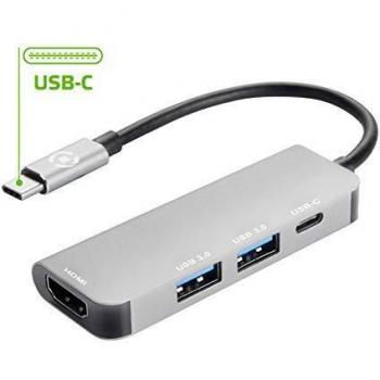 Celly Adaptador USB-C a HDMI, 2X USB 3.0, USB-C, Hub multipuerto con Acabado de Aluminio para transferir Datos y Cargar Dispositivos