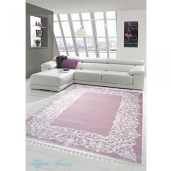 Alfombra diseñador diseño de la frontera Alfombra moderna de lana Alfombra con alfombra de la sala de estar franja Pink Cream Größe 200 x 290 cm