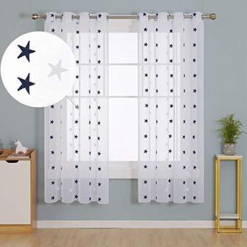Deconovo Visillo Bordado para Ventana con Ollaos 2 Piezas 140 x 180 cm Azul Estrella