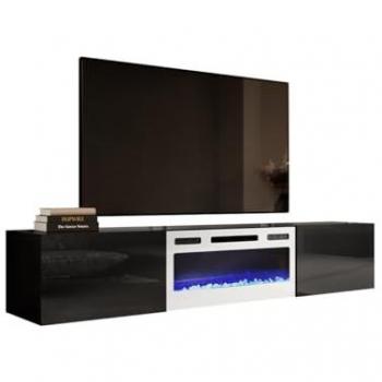Mueble TV Charlotte 162 con Chimenea Eléctrica, Blanco Brillante, 200x37x40cm, 2 Puertas y Llama LED Realista