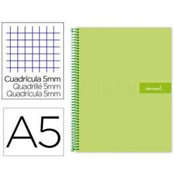 Cuaderno espiral liderpapel a5 micro crafty tapa forrada 120h 90 gr cuadro 5mm 5 bandas 6 taladros color verde.