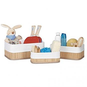 Cesta de Almacenaje Relaxdays Set de 12, Rectangular con Forro Textil, Bambú Natural, Accesorios para Baño y Dormitorio, Juguetes