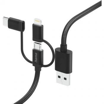Cabo 3 en 1 HAMA Micro USB + USB-C + Lightning, 1.5m, Negro