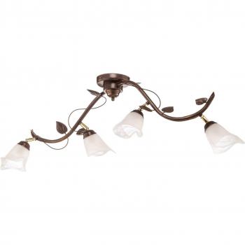 Plafoniera Siena estilo florentino curvado 4 luces con brazos múltiples y pantallas de cristal, marrón