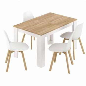 Conjunto de Mesa y 4 Sillas Nórdico en Melamina Blanco y Madera Claro
