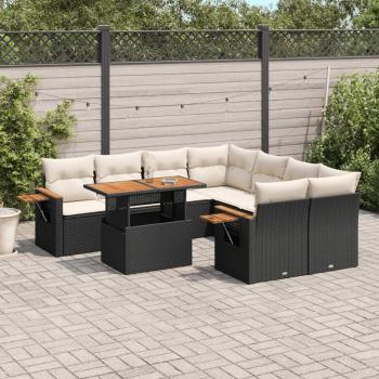 9-Piece Black Poly Rattan Garden Sofa Set with Cushions