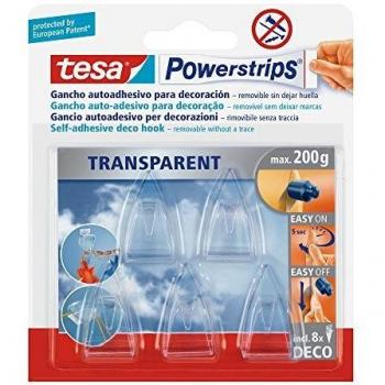 tesa Gancho Adhesivo para Superficies Transparentes y Vidrio 0,2 kg, Ganchos Colgantes Invisibles, Soporta hasta 0,2 kg por Gancho, Paquete con 5 Piezas, Incluye 8 Tiras Adhesivas