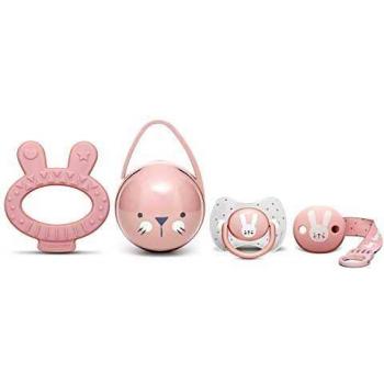 Suavinex Set Premium Recién Nacido con Chupete fisiológico silicona 0-6 meses, Broche, Portachupetes y Mordedor, rosa