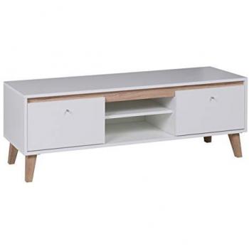 Mesa de TV Providence D111, Roble Sanremo y Mate Blanco, 135x47x40cm, 2 Puertas, Estilo Escandinavo