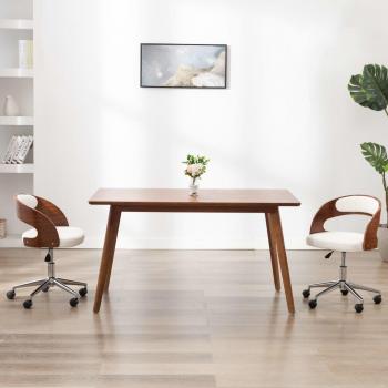Silla de Oficina Giratoria Curvada en Blanco y Madera con Asiento de Cuero Sintético