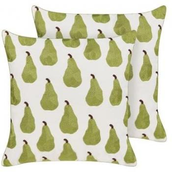 Conjunto de 2 cojines decorativos bordados con motivo de pera y frutas, 45 x 45 cm, color verde y blanco, algodón y poliéster