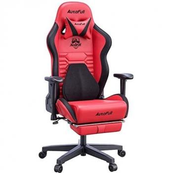 AutoFull Silla Gaming Silla Gamer Ergonómica Silla de Oficina Cuero de PU Silla de Escritorio,Altura e inclinación Ajustables,Reposacabezas y Soporte Lumbar,Reposapiés,Rojo