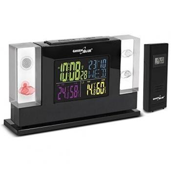 Estación meteorológica con Radio y Holograma de Cristal 3D GreenBlue GB140 con Sensor Exterior/Reloj Despertador/Fuente de alimentación, Negro