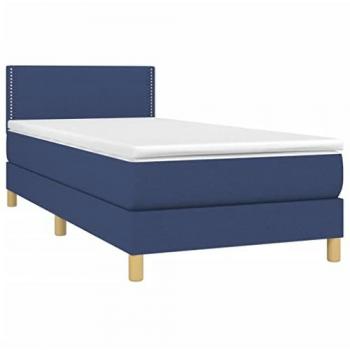 Cama box spring con colchón viscoelástico de muelles ensacados, adaptable, acolchado reversible, tela azul, 80x200 cm