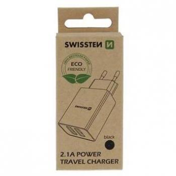Cargador de Viaje Swissten 2 Puertos USB QC 3.0 + USB 23W Negro Ecológico