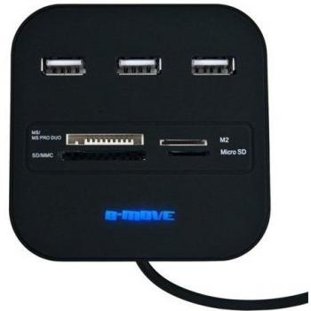 B-Move BM-CR04 - Hub USB (3 puertos, lector de tarjetas), negro