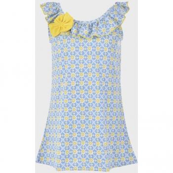 Vestido de niña azul con volantes y estampado floral de spandex