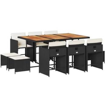 Set de comedor jardín 11 pzas con cojines ratán sintético negro