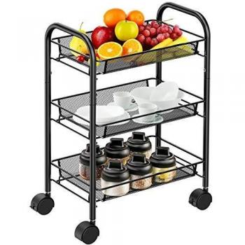 Pipishell Carrito de Malla Ruedas de 3 Niveles, Negro, multifunción, para Oficina, hogar, Cocina, Carrito de Almacenamiento con Ruedas, fácil de Mover