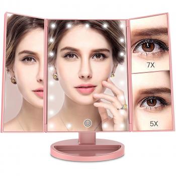 Espejo Maquillaje con Luz,[Regalo de San Valentín] BESTOPE 21 LEDS Espejo Cosmético, Pantalla Táctil Ajusta luz, Tríptica Aumentos 1x, 5x, 7x, Rotación ajustable de 180 °, Fuente de alimentación doblev