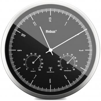 Reloj de Pared Inalámbrico Mebus 19777 con Termómetro e Higrómetro, Movimiento Silencioso, 25 cm x 5 cm, Color Plateado