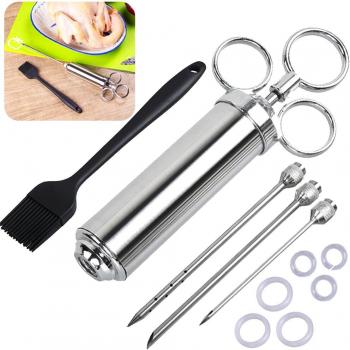 Jeringa de Cocina para Marinar Inyector de Salsas Acero Inoxidable 60ml Inyector de Condimento con 3 Agujas y Cepillo de Limpieza Kit Jeringa para Rellenar Carne Inyector Salsas Asados Pavo Res Pollo