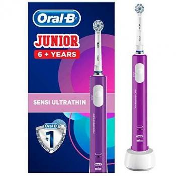 Oral-B Cepillo de dientes eléctrico para niños, 1 cabezal de cepillo de dientes, con modo sensible para niños pequeños de 6 años o más, enchufe de 2 pines, morado