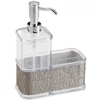InterDesign Twillo Organizador de cocina, dispensador de jabón líquido grande en plástico con esponjero para fregaderos de cocina, plateado