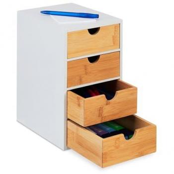 Cajonera de Escritorio de Bambú, 4 Cajones, 27.5 x 16.5 x 21 cm, Organizador Natural/Blanco para Oficina y Hogar - Relaxdays